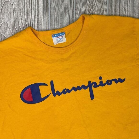 Vintage Champion Men's Size XL Yellow Long Sleeve Classic Logo T-Shirt Crewneck - Picture 1 of 8